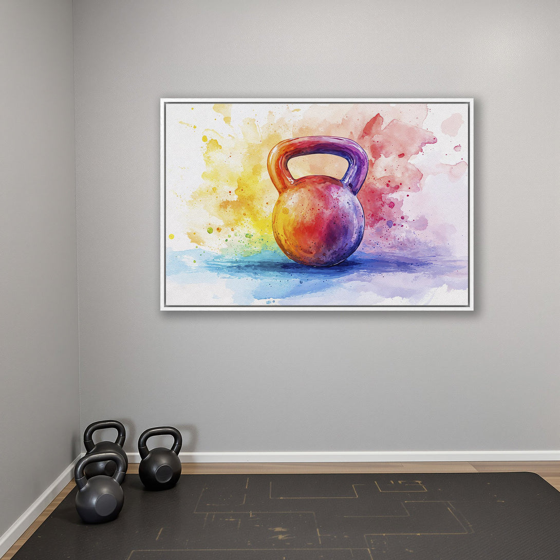 Framed Wall Art: Watercolor Canvas Print of a colorful kettlebell. Vibrant art for your home gym, featuring a rainbow palette. Elevate your workout space!