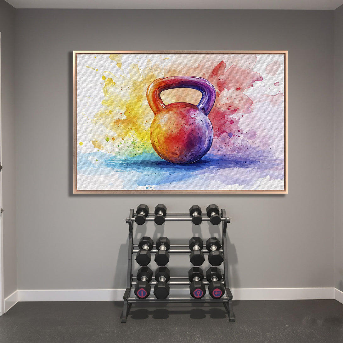 Framed Wall Art: Watercolor kettlebell in a vibrant rainbow color palette. Modern fitness decor for your home gym.