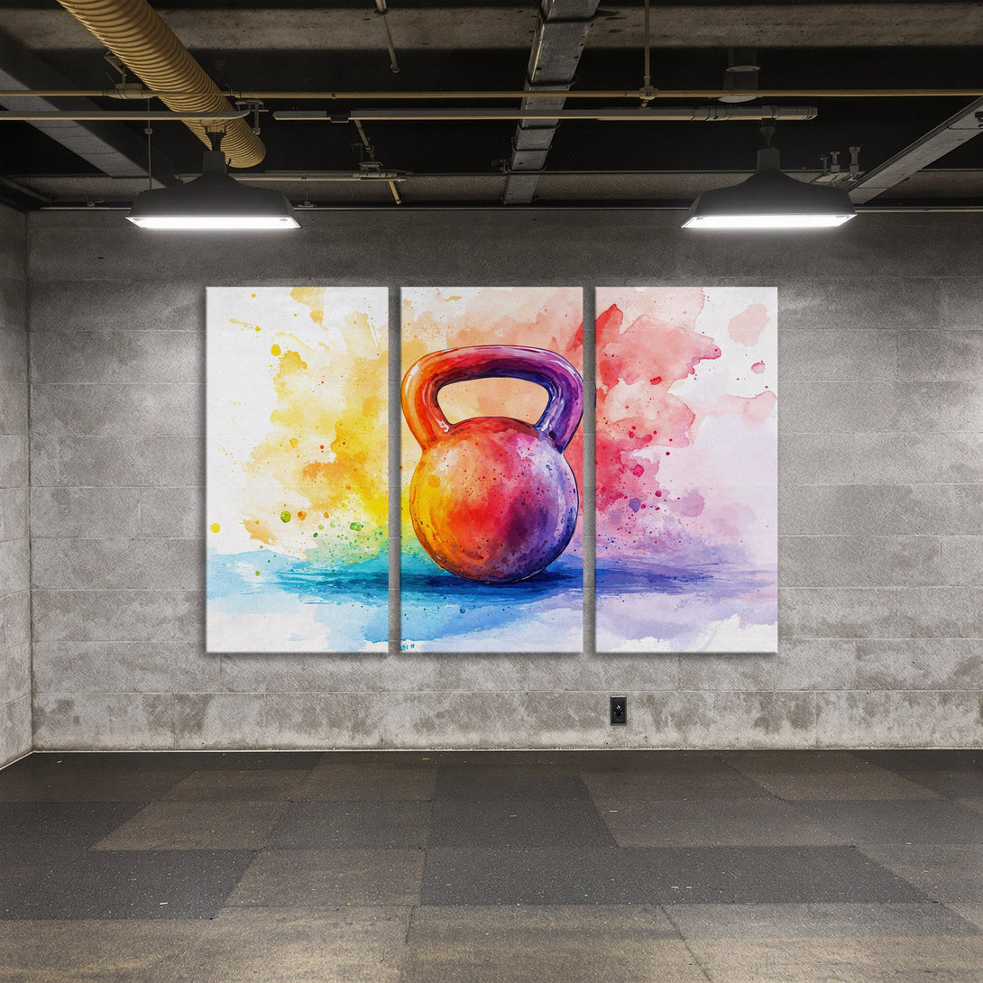 Canvas Print of a colorful watercolor kettlebell, vibrant rainbow hues. Perfect gym wall art!