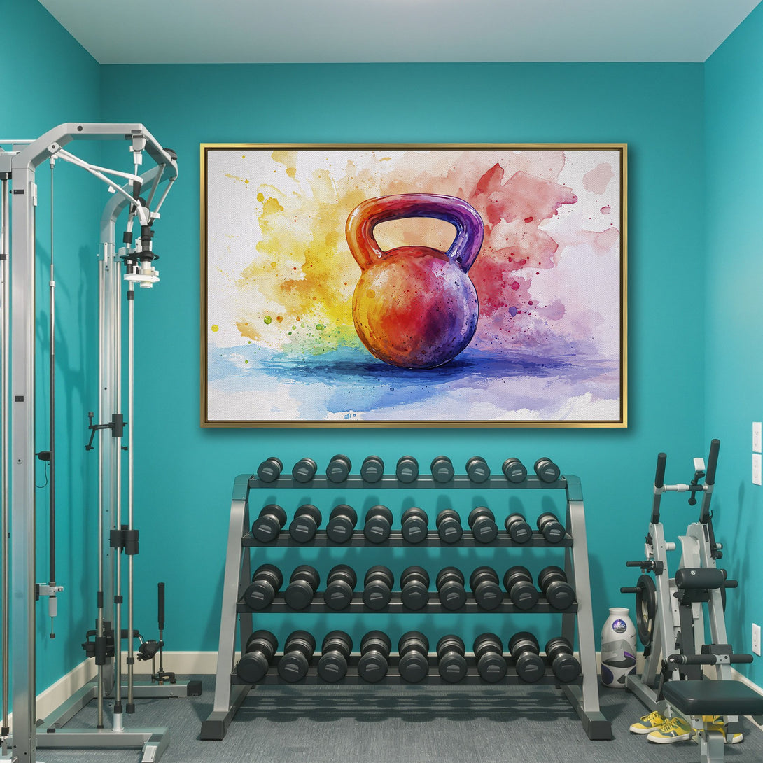 Canvas Print of a colorful watercolor kettlebell, vibrant rainbow hues. Perfect gym decor!