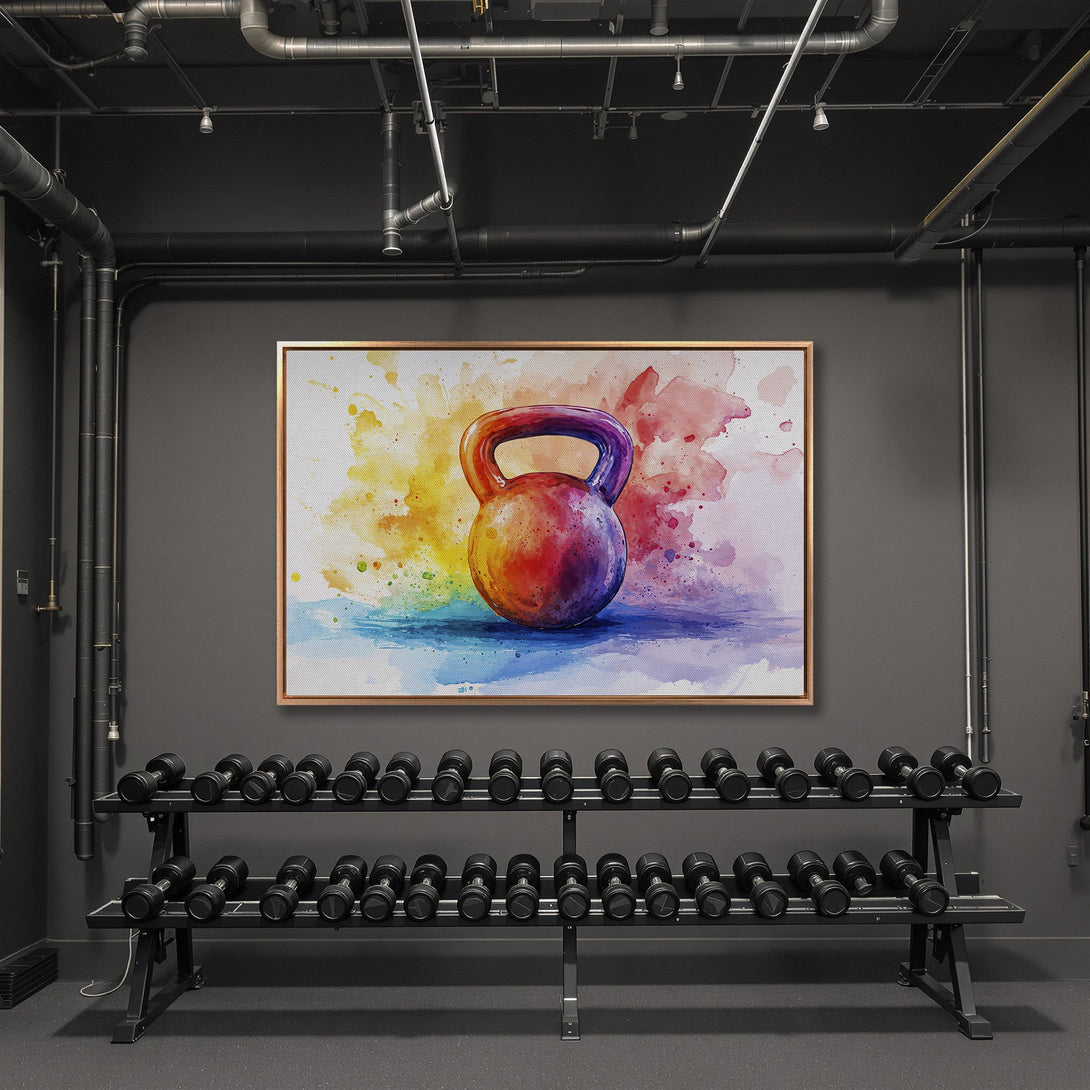Framed Wall Art featuring a vibrant watercolor kettlebell. Colorful abstract art with a rainbow palette, perfect for gym decor and fitness enthusiasts.