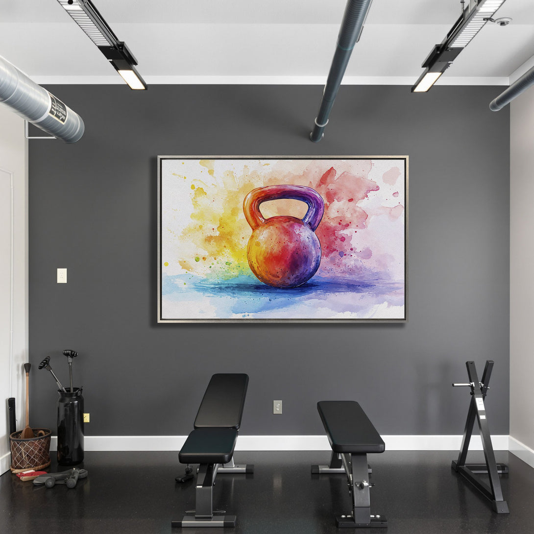 Framed Wall Art: Watercolor kettlebell art in a gym setting. Vibrant, colorful abstract style. Perfect for home decor.