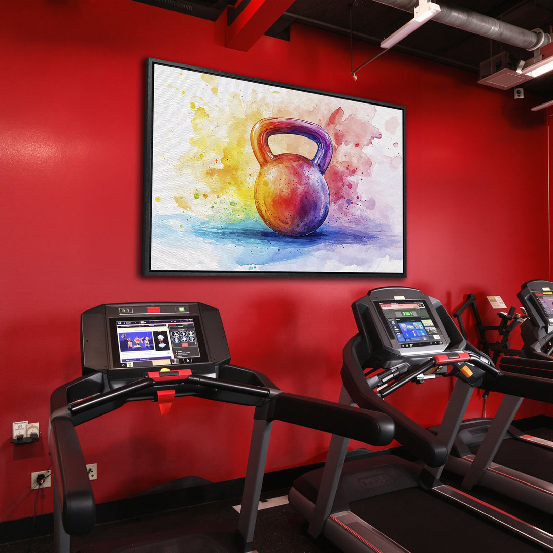 Framed Wall Art: Vibrant watercolor kettlebell print in a gym. Colorful artwork with a red, blue, and yellow palette. Perfect for fitness enthusiasts.