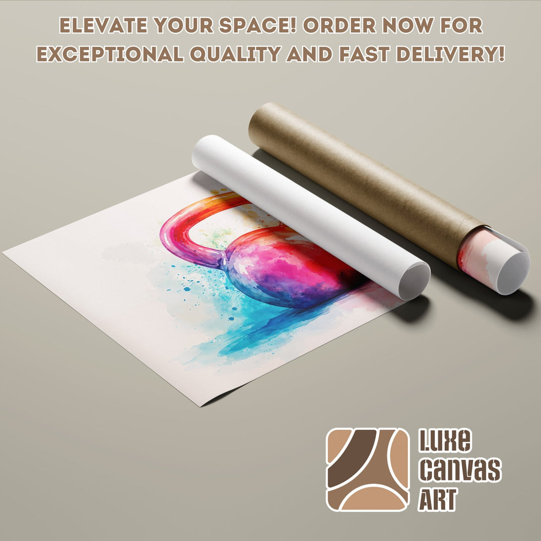 Watercolor Kettlebell Poster Roll, vibrant colors, modern art for your home.