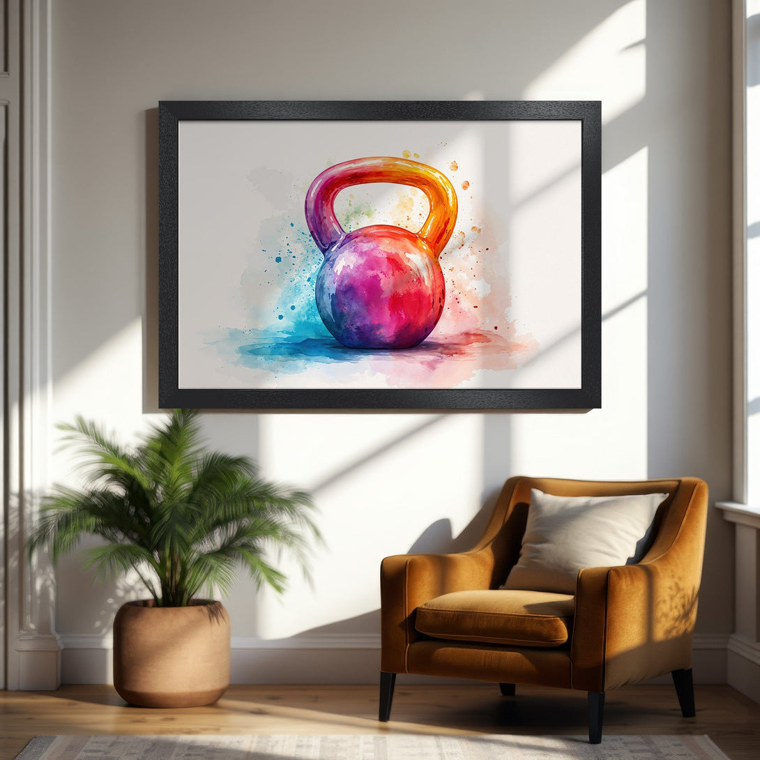 Framed Poster featuring a watercolor kettlebell in vibrant colors. Perfect fitness decor for your home gym!