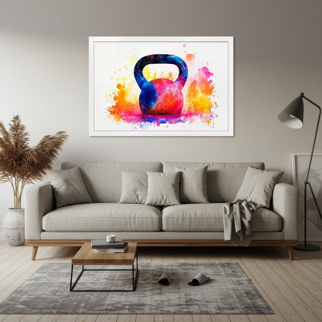 Framed Poster featuring a vibrant watercolor kettlebell. Colorful abstract art in a bold, energetic palette. Perfect for home gym decor!