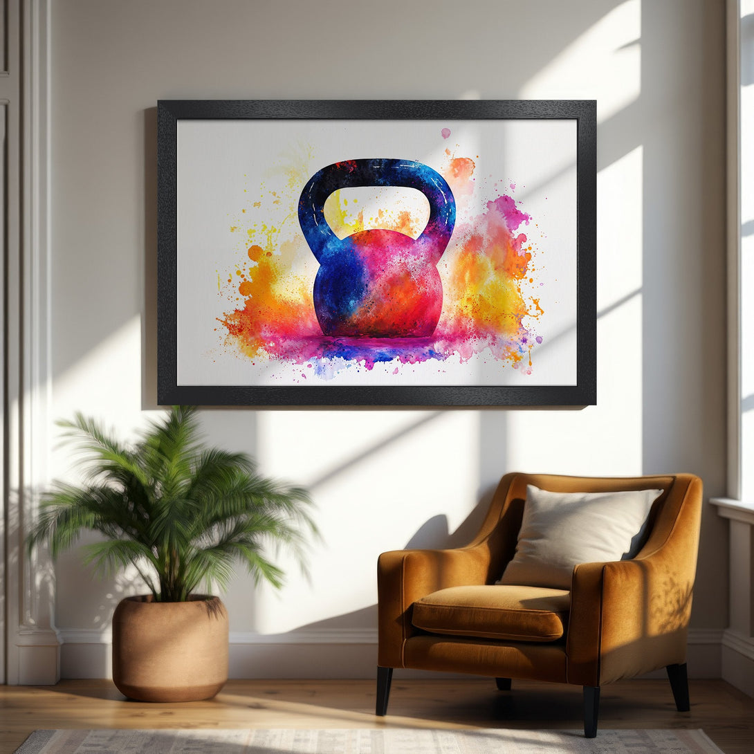Framed Poster featuring a vibrant watercolor kettlebell design. Bold, colorful artwork in a modern style, perfect for home gyms and fitness enthusiasts.
