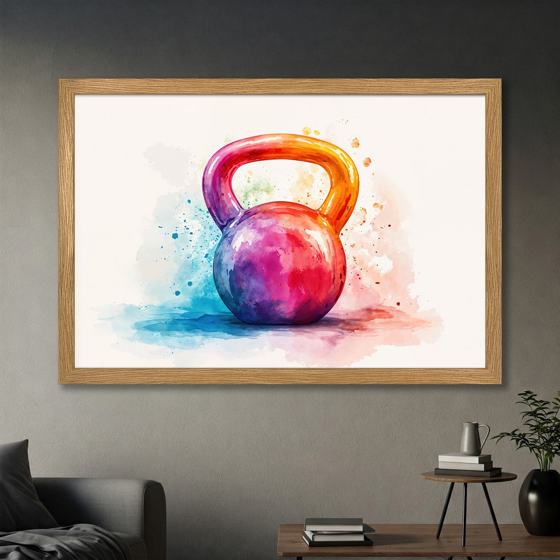Framed Poster featuring a watercolor kettlebell in vibrant rainbow colors. Perfect gym decor!