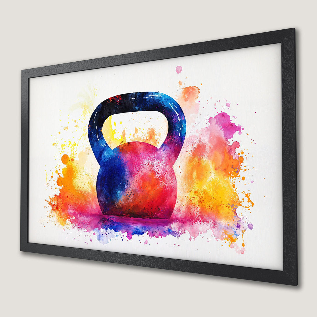 Framed Poster: Watercolor kettlebell art in vibrant blues, oranges, and pinks. Perfect fitness decor!