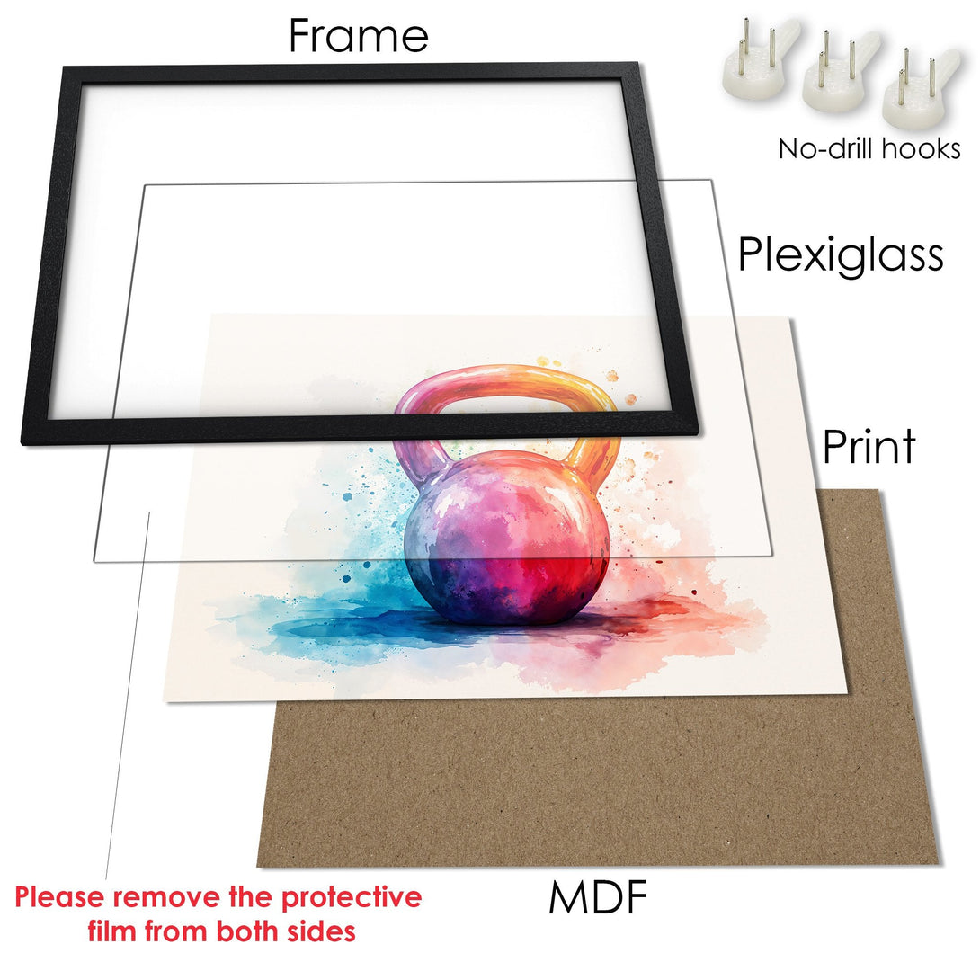 Framed Poster featuring a watercolor kettlebell in vibrant rainbow colors. Perfect fitness decor!