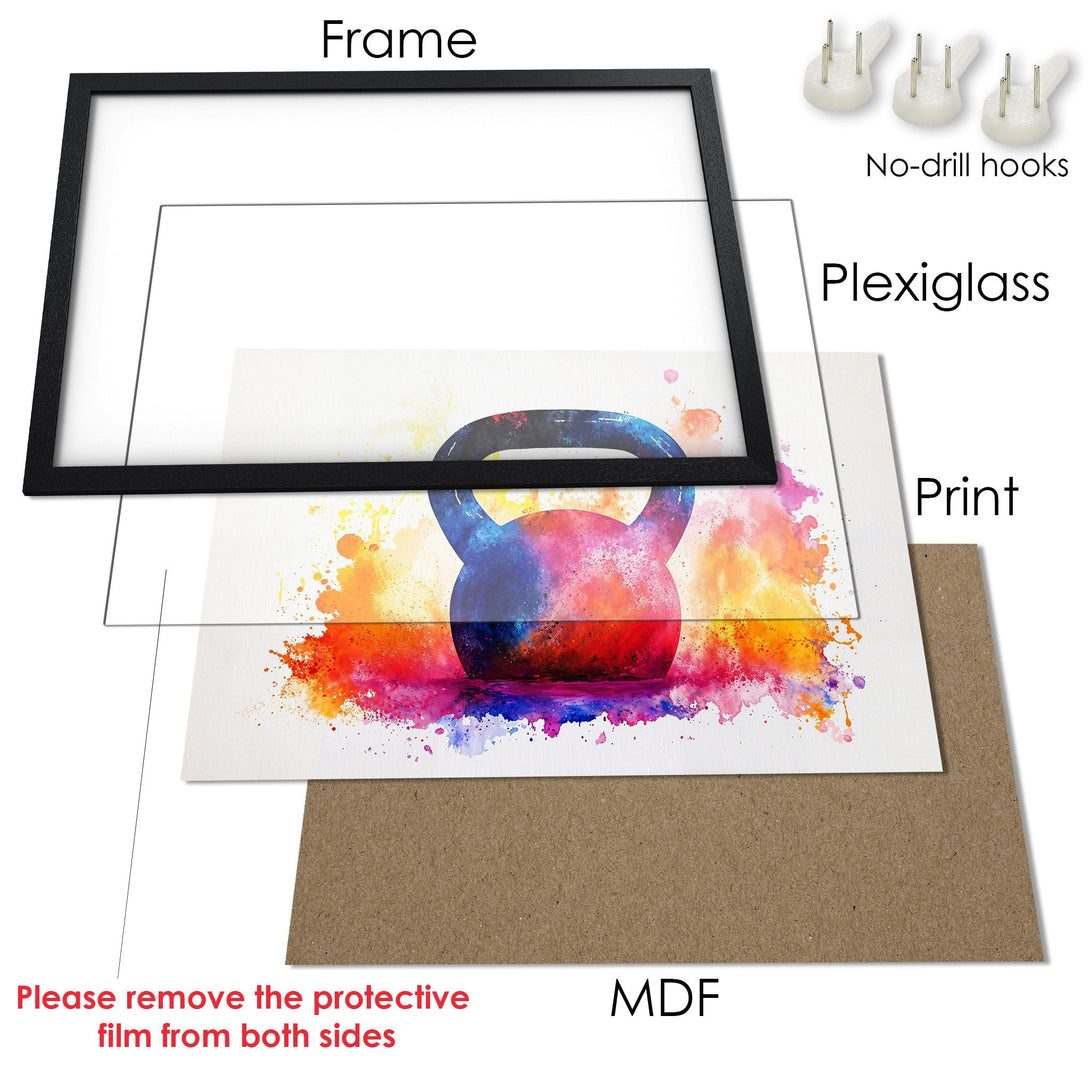 Framed Poster featuring a watercolor kettlebell design with a vibrant, colorful palette. Perfect for home gyms!