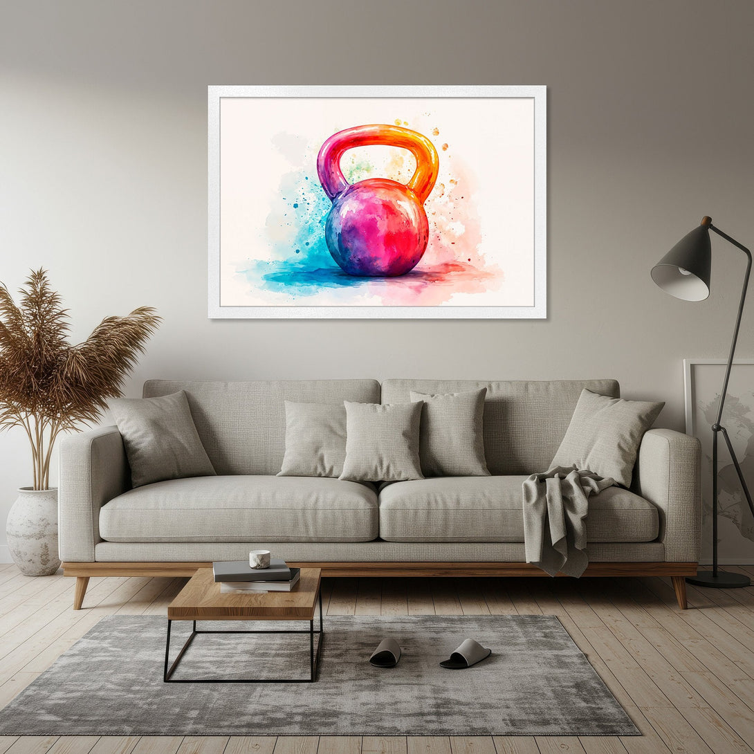 Framed Poster featuring a vibrant watercolor kettlebell. Colorful artwork in a modern style, perfect for home gym decor.