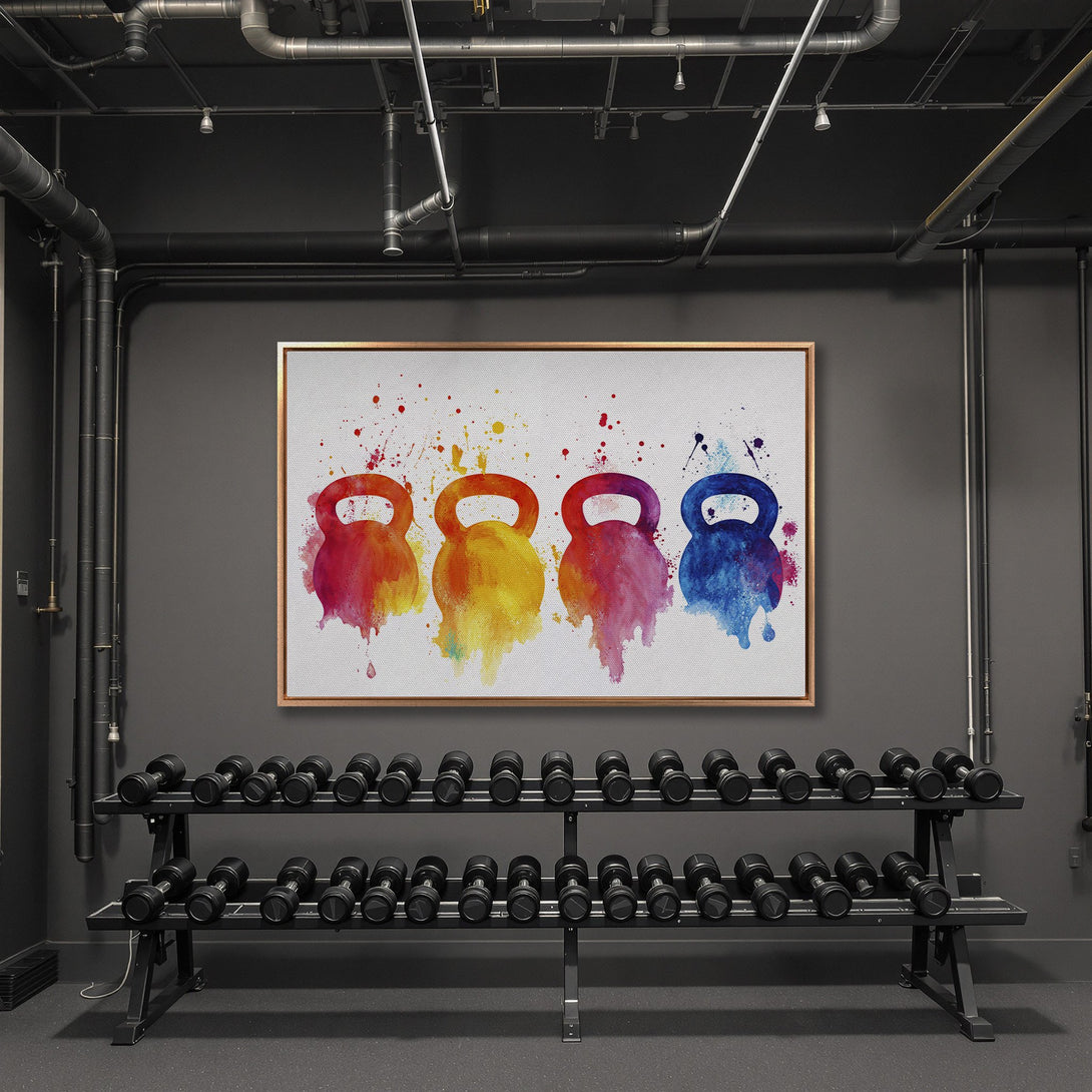 Framed Wall Art featuring colorful watercolor kettlebells. Modern gym decor with a vibrant, abstract design in a warm, multi-color palette. Perfect for home or commercial spaces.