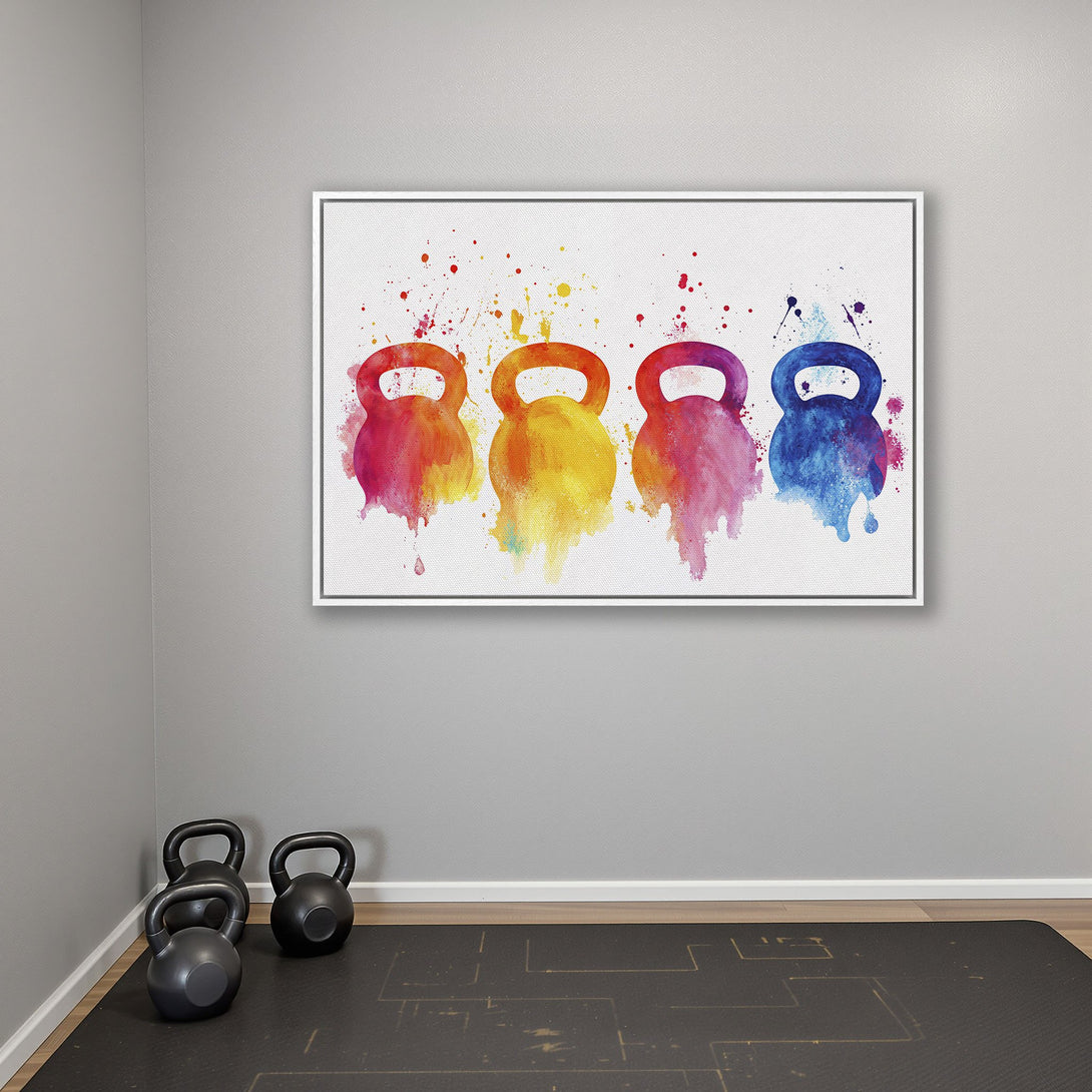 Framed Wall Art: Watercolor kettlebell print with vibrant rainbow colors. Modern fitness decor for home gym or workout space.