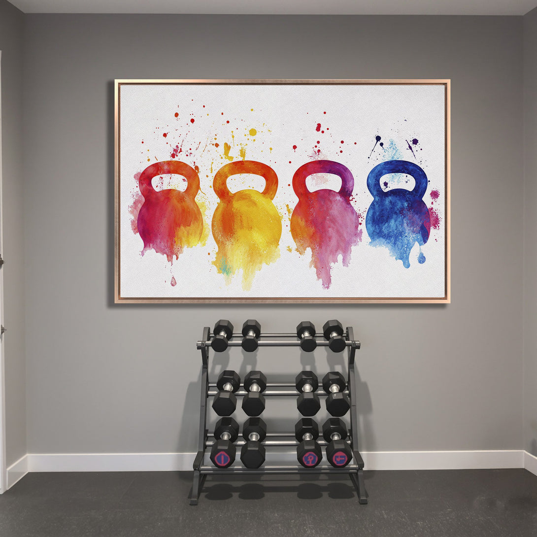 Framed Wall Art: Watercolor kettlebell print in vibrant rainbow colors. Perfect gym decor! Adds a pop of color to any workout space.
