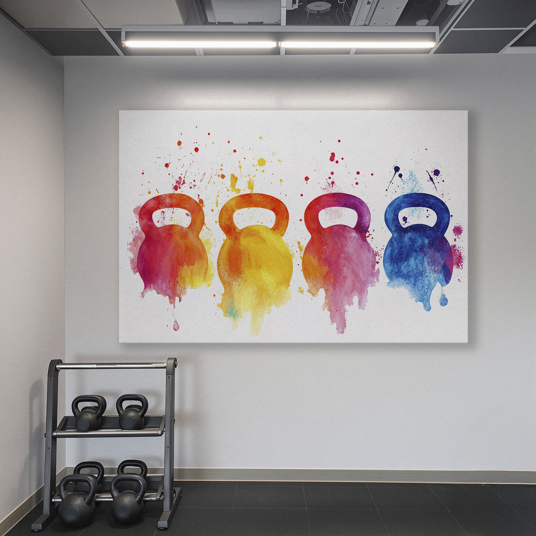 Framed Wall Art featuring watercolor kettlebells in a gym setting. Vibrant, colorful art with a modern style. Perfect for fitness enthusiasts!