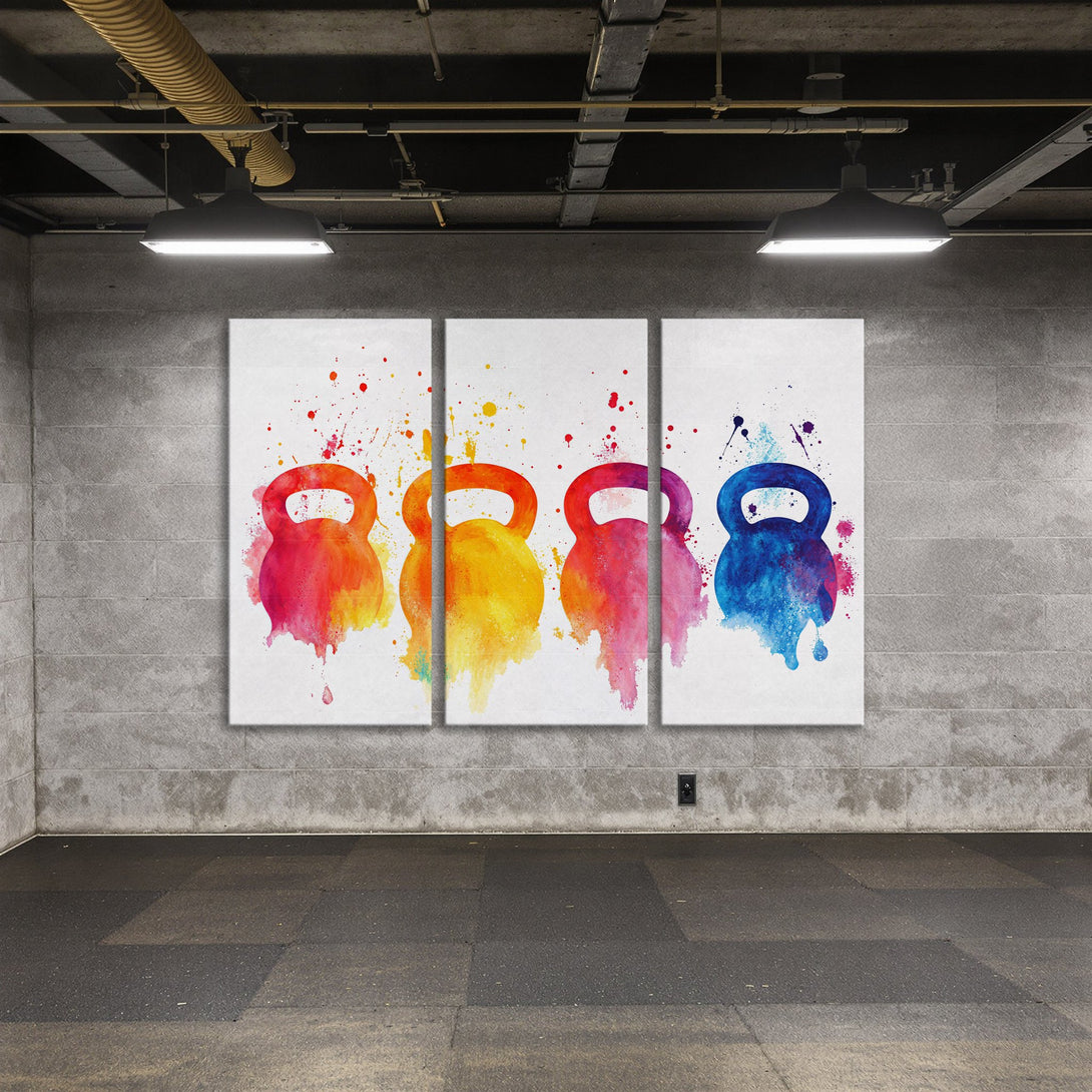 Canvas Print of watercolor kettlebells in vibrant red, orange, yellow, pink, and blue. Modern art for your home gym!