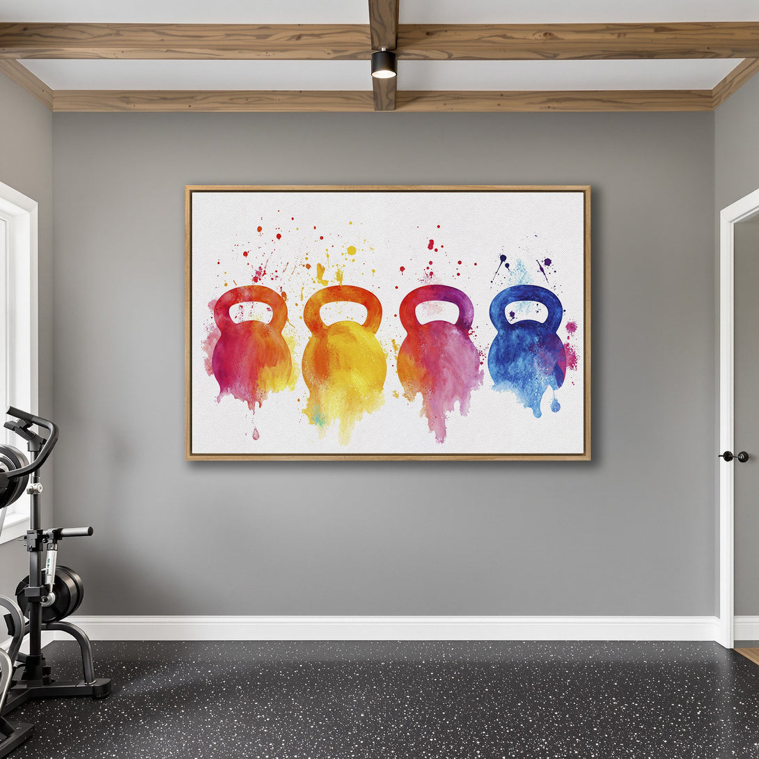 Framed Wall Art: Colorful watercolor kettlebell print. Modern fitness decor with vibrant red, yellow, and blue hues. Perfect gym or home workout art.