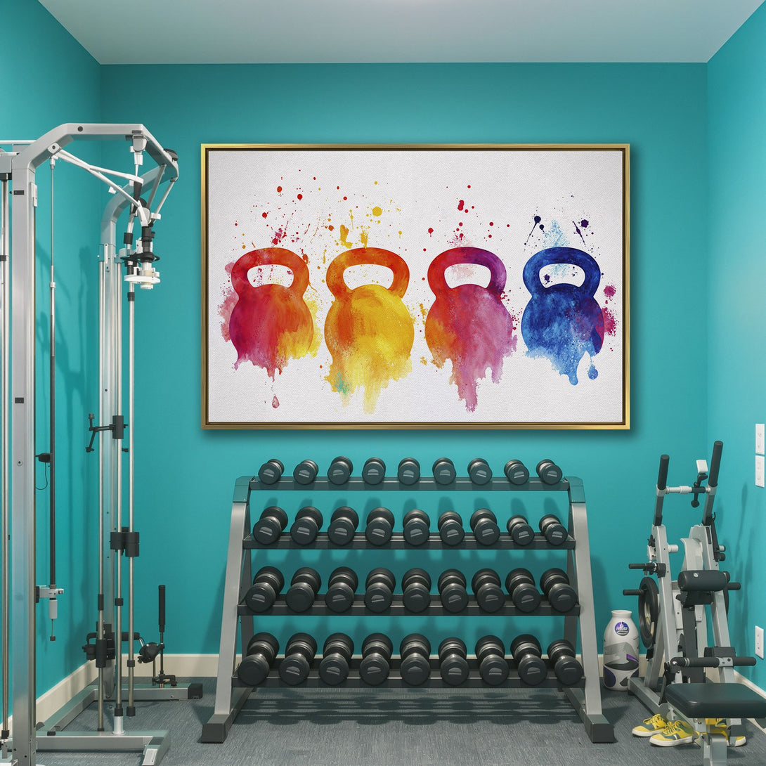 Canvas Print featuring colorful watercolor kettlebells. Modern wall art with vibrant red, yellow, and blue hues. Perfect for a gym or fitness space.