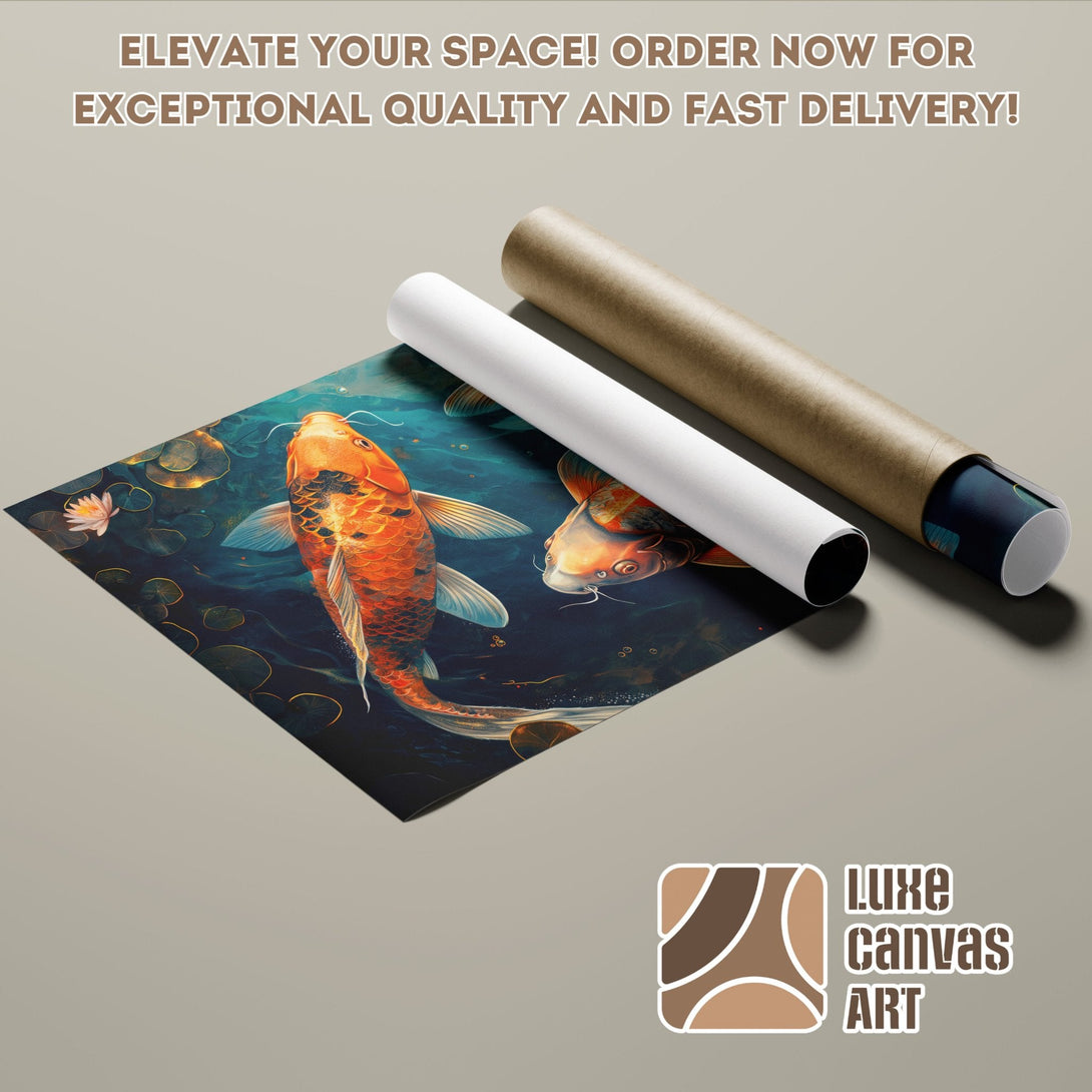 Koi fish Poster Roll art print, vibrant orange and blue color palette, perfect for home decor.