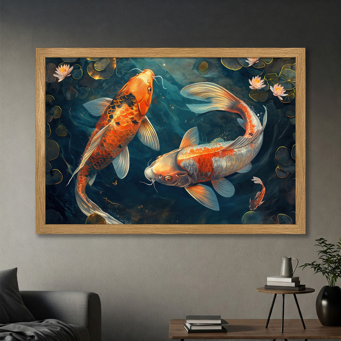 Framed Poster featuring koi fish in a serene pond. Artistic style with orange, blue, and gold color palette. Perfect wall art for your home.