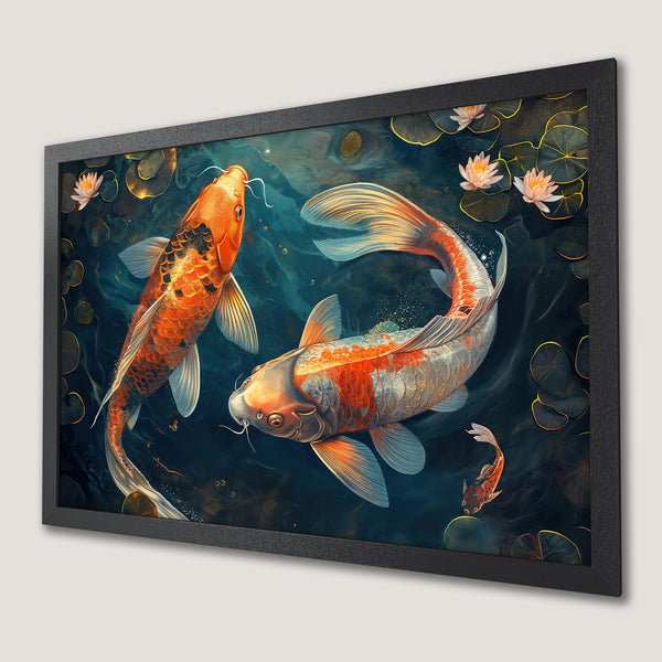Framed Poster featuring vibrant koi fish swimming in a pond. Artistic style with orange, blue, and gold color palette. Perfect wall art!