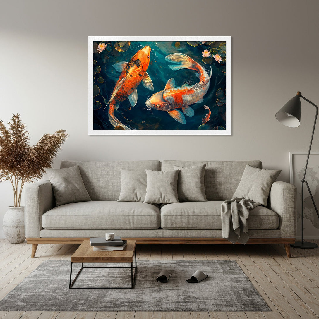 Framed Poster of koi fish in a serene pond. Artistic style with orange, blue, and gold tones. Perfect wall art for a calming space.
