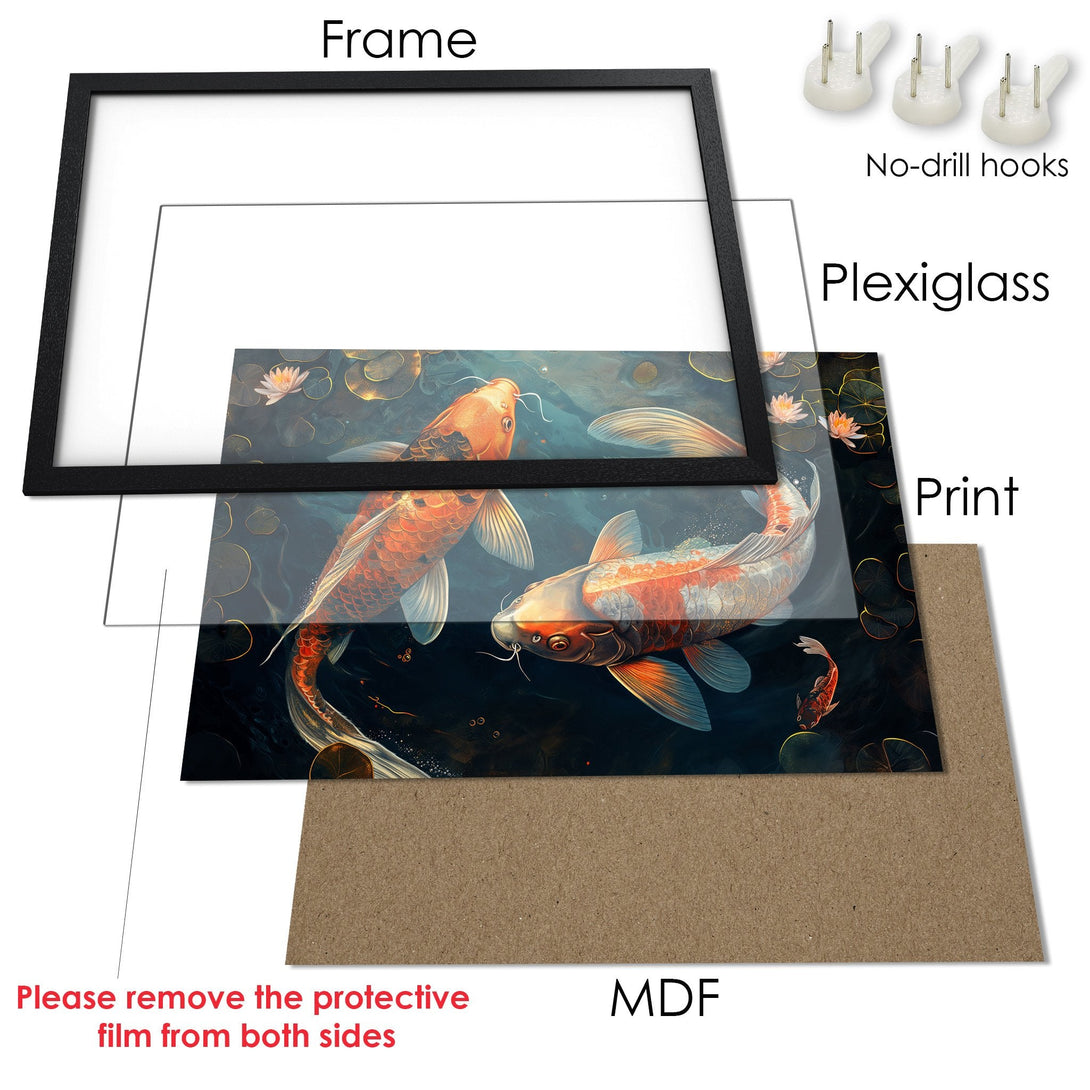 Framed Poster featuring koi fish art in a dark, moody style with orange and teal tones. Perfect wall decor!