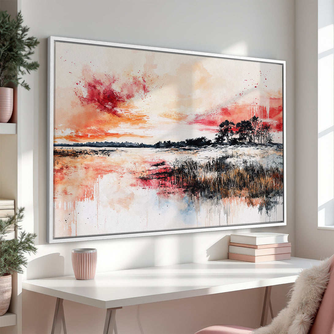 Framed Wall Art: Abstract landscape Canvas Print in warm red and orange tones, perfect for adding artistic flair to any room.