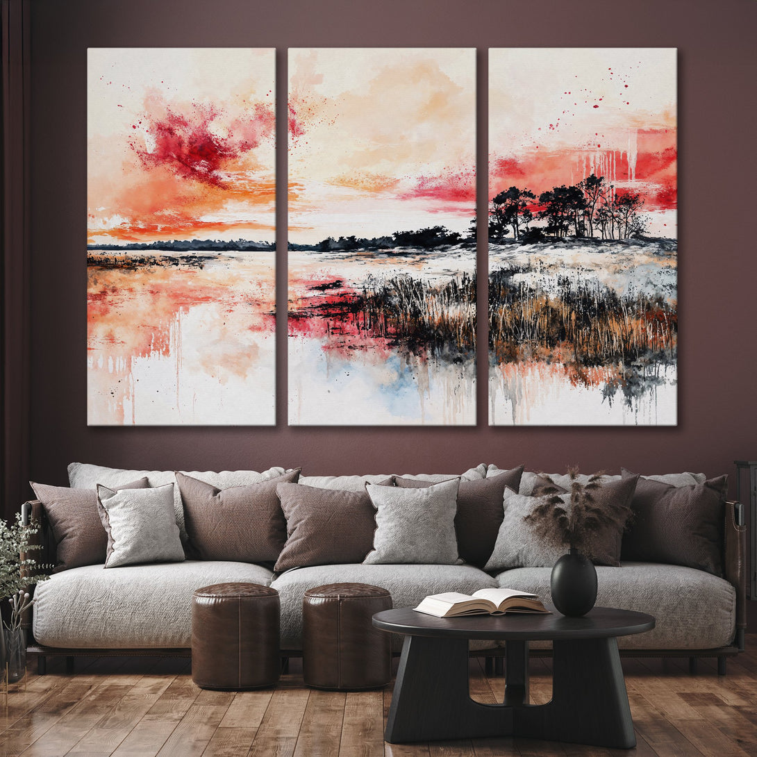 Canvas Print of watercolor landscape art in warm red and orange hues, perfect for living room decor. Abstract style.