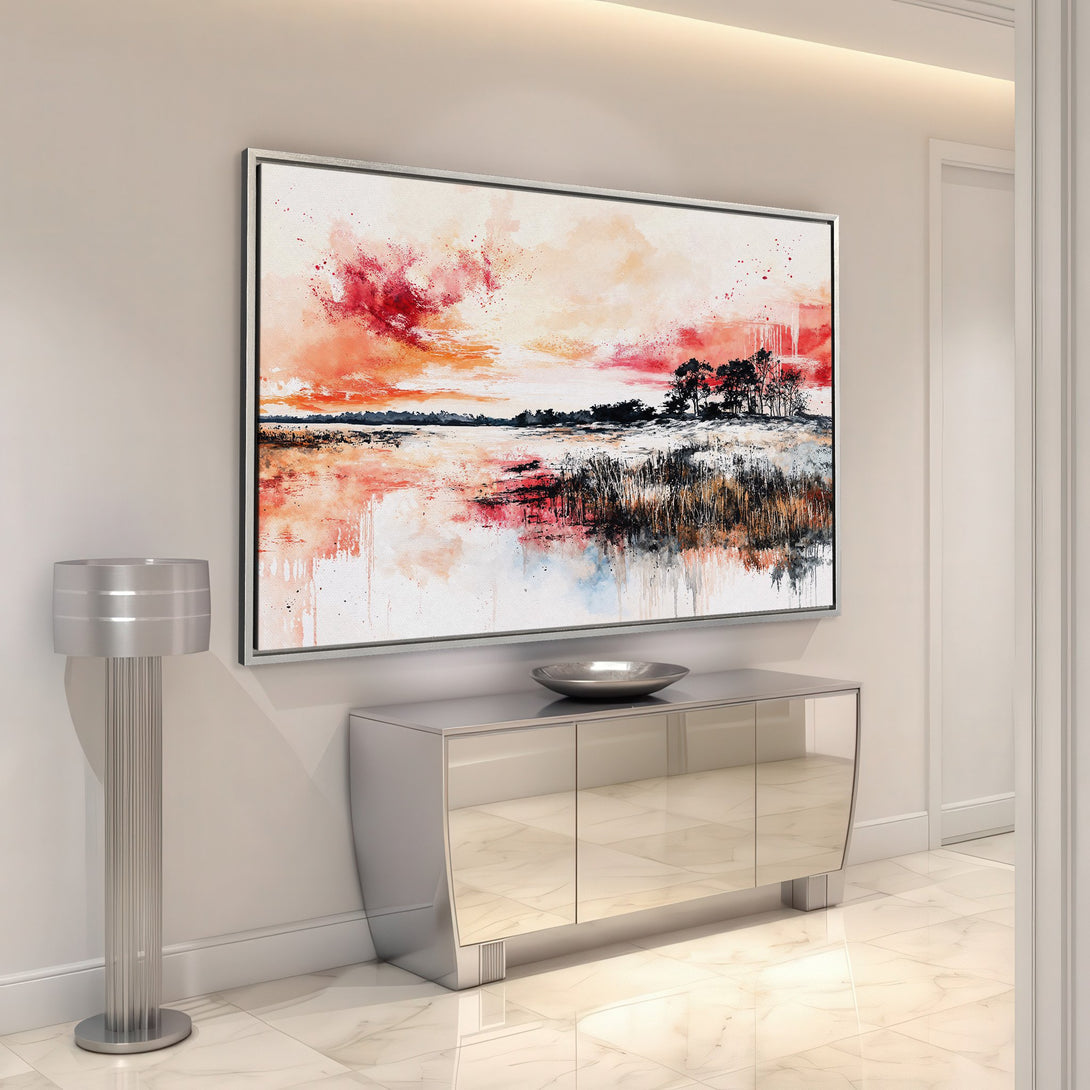 Framed Wall Art: Abstract landscape Canvas Print with vibrant red, orange, and black watercolor style. Perfect for modern home decor.