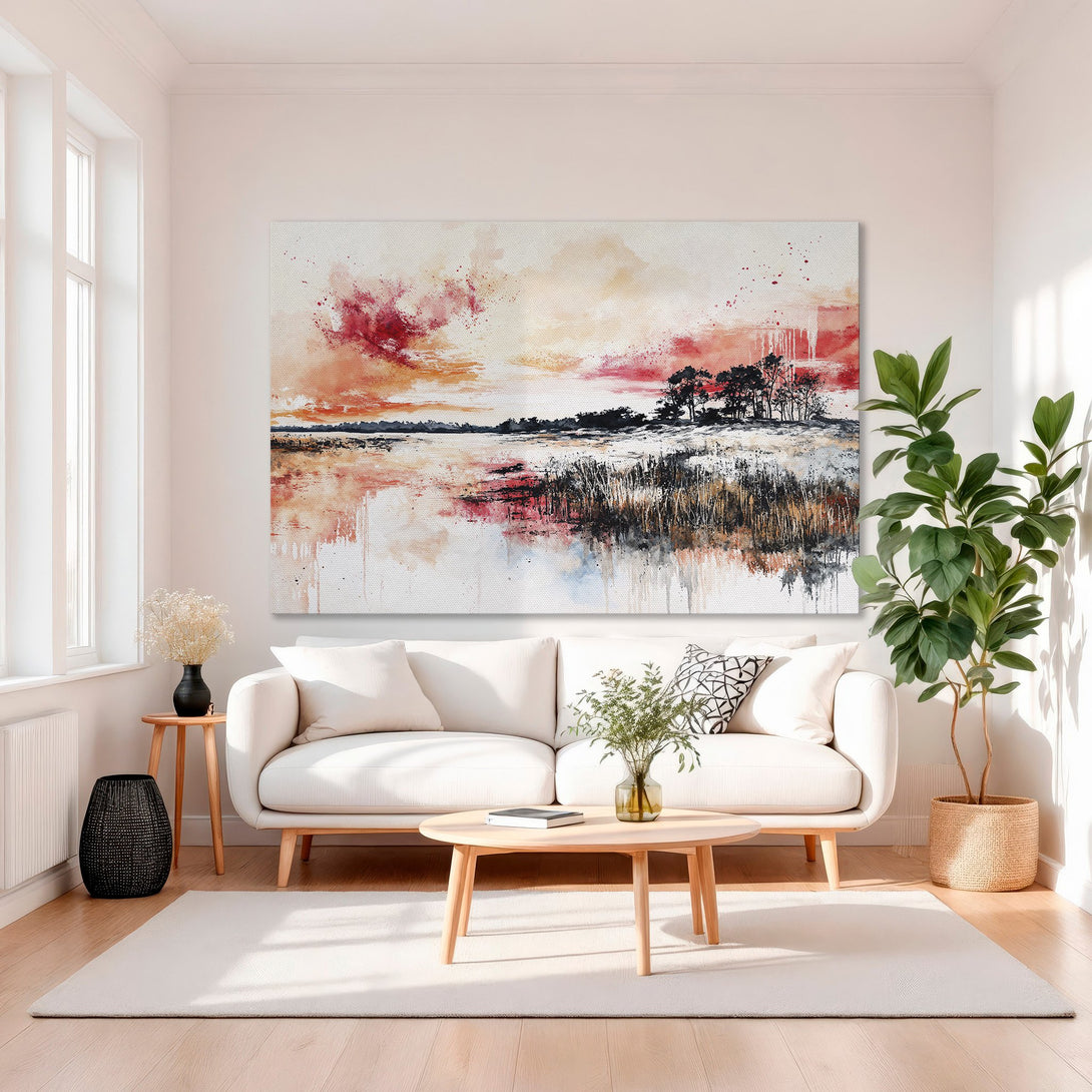 Framed Wall Art: Abstract landscape Canvas Print in warm orange and red tones, perfect for living room decor. Modern art with a watercolor style.