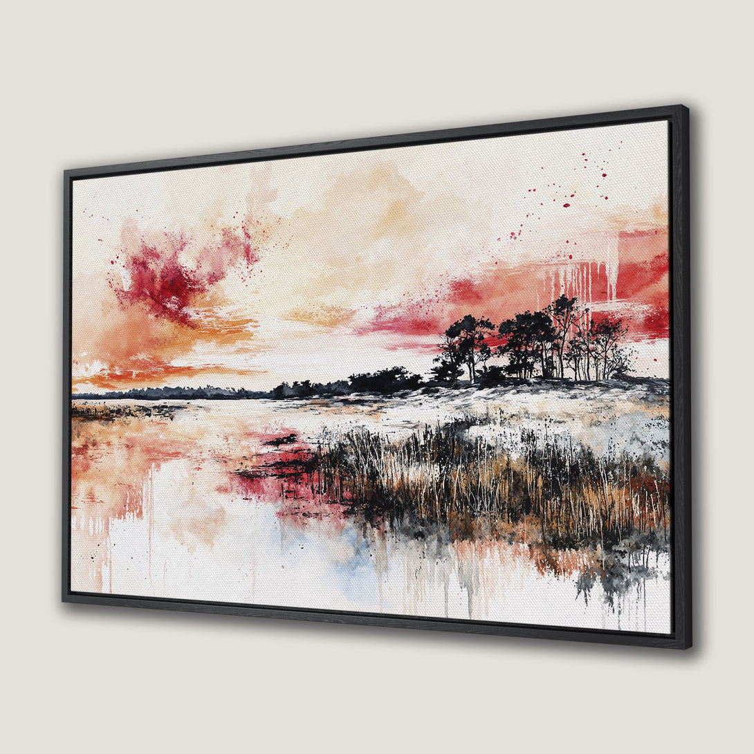 Framed Wall Art: Abstract landscape Canvas Print in watercolor style, featuring a warm red and orange sunset over water and trees.