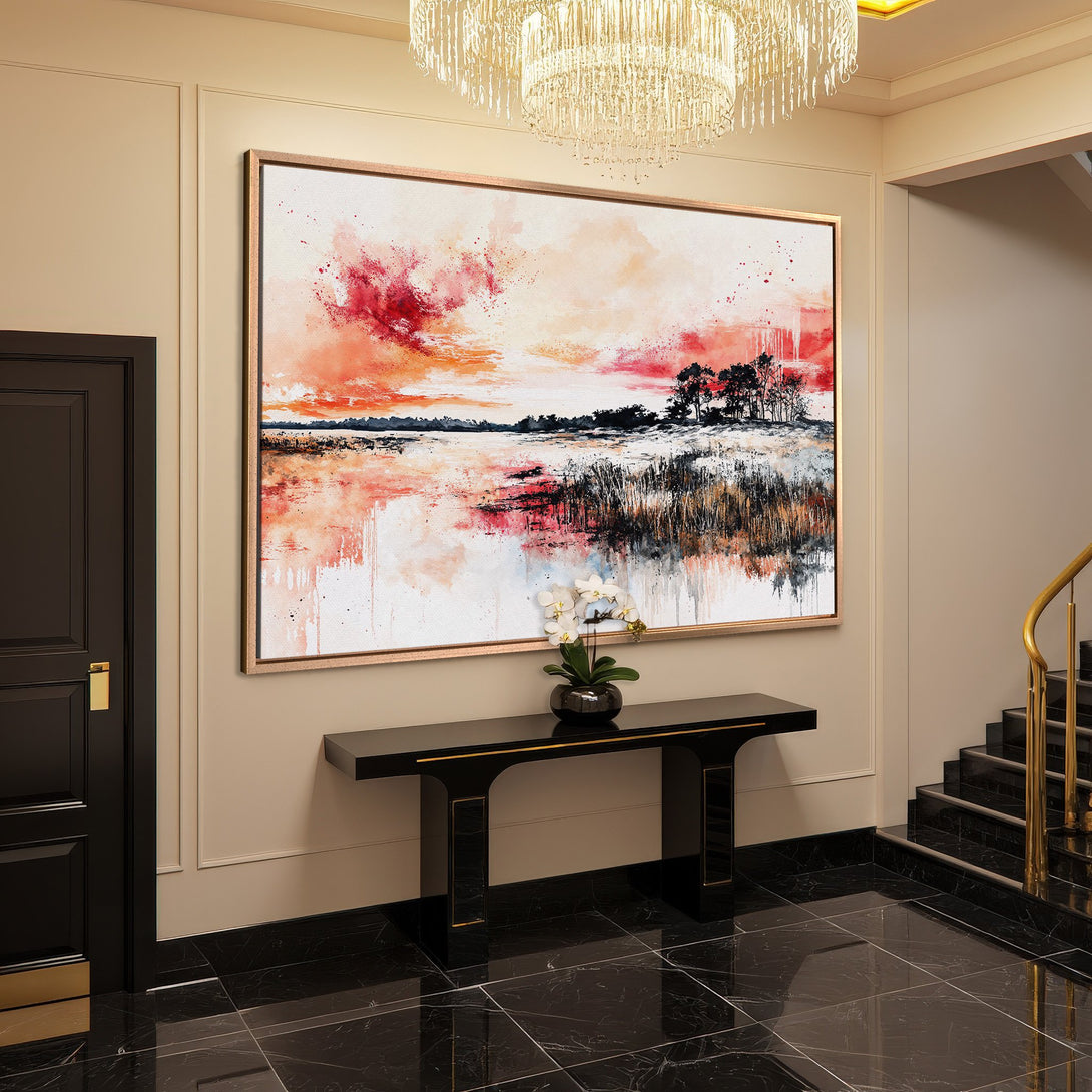 Framed Wall Art: Abstract landscape Canvas Print in warm red and orange tones, perfect for adding a touch of elegance to any interior.