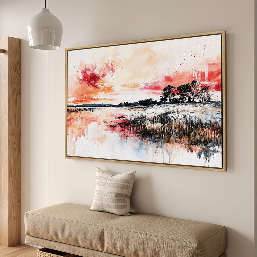 Framed Wall Art: Abstract landscape Canvas Print with vibrant red, orange, and black watercolor hues. Modern art for your home decor, adds warmth and style.