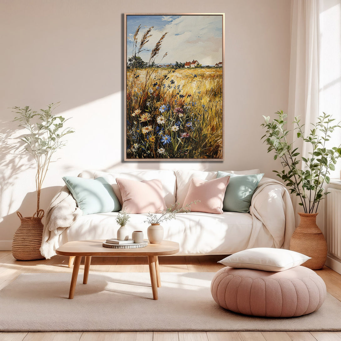 Framed Wall Art: Impressionistic field painting in warm yellow, blue, and green tones. Adds a touch of nature and elegance to any living room.