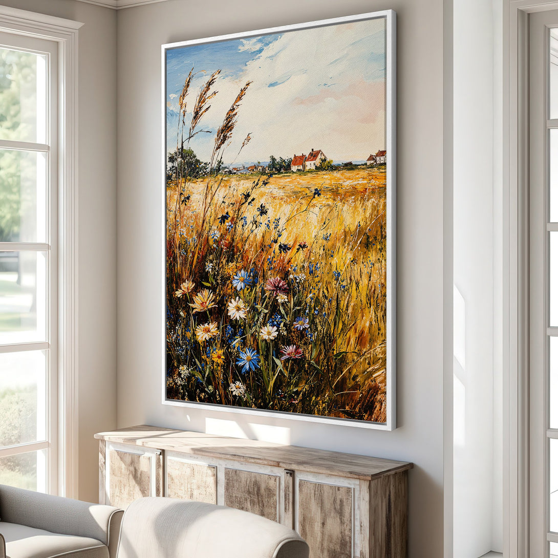 Framed Wall Art: Impressionist landscape Canvas Print with wildflowers, warm yellow & blue color palette, perfect for home decor.