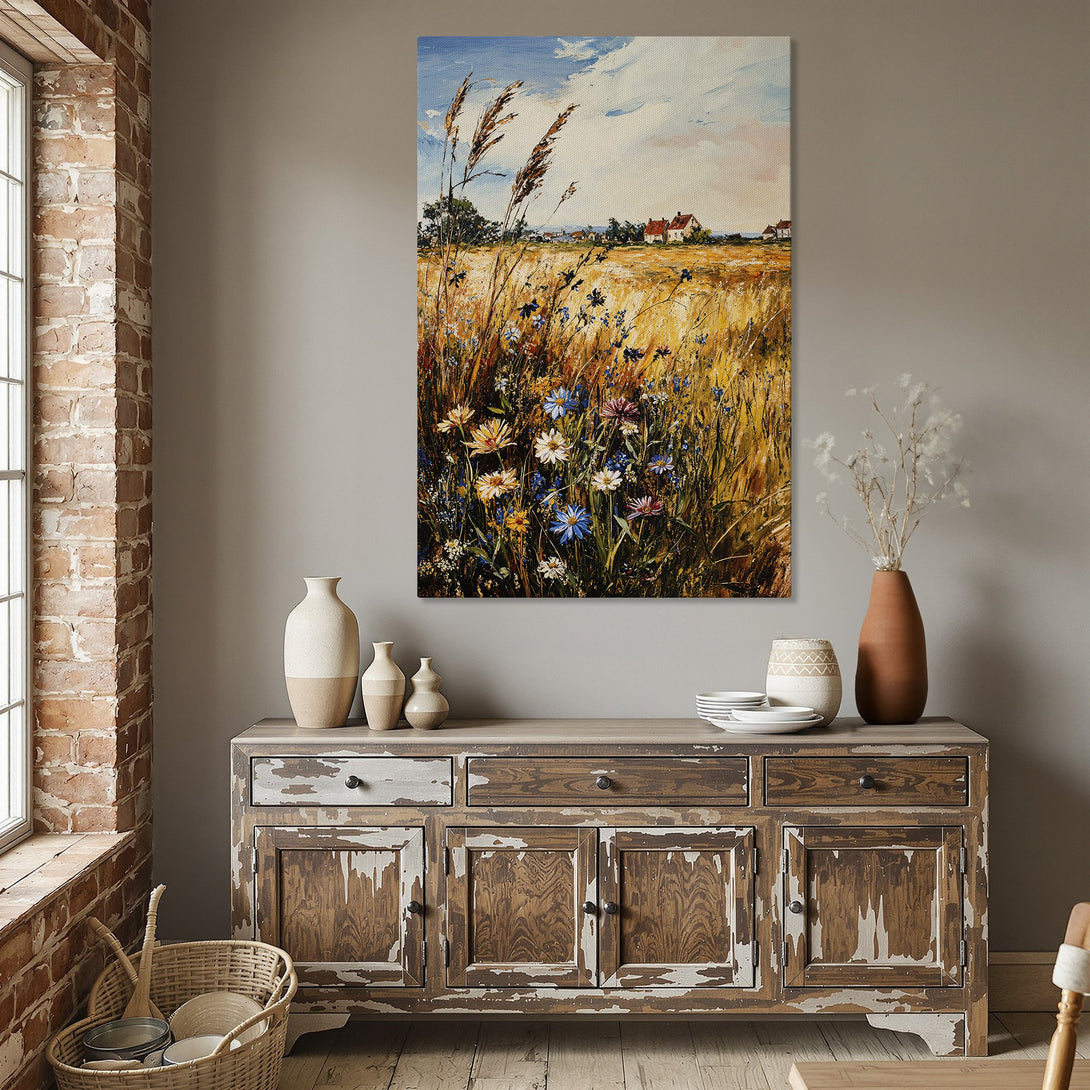 Framed Wall Art: Rustic field scene canvas print with warm yellow, blue, and green tones. Perfect for adding a touch of nature and elegance to your dining room.