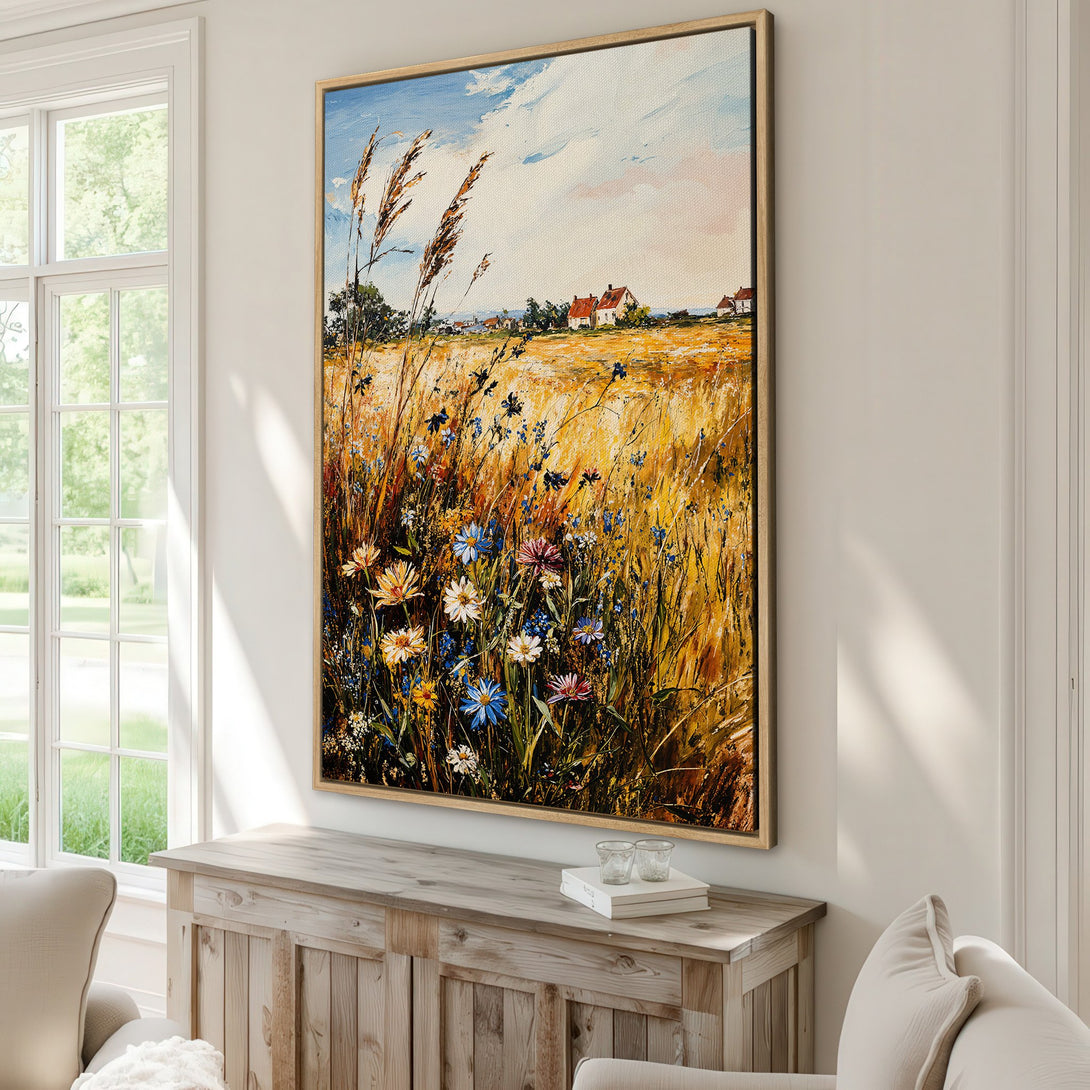 Framed Wall Art: Impressionist landscape Canvas Print with wheat field, wildflowers, and houses, in a warm yellow, blue, and beige palette. Perfect home decor.