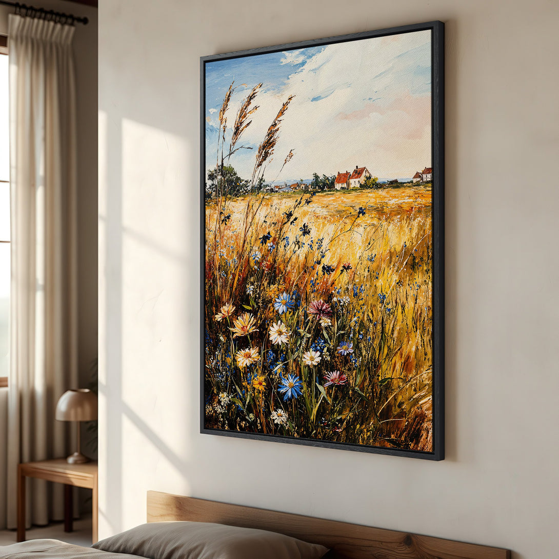 Framed Wall Art: Impressionist landscape Canvas Print with wildflowers, golden fields, and blue sky. Warm, inviting color palette for your home decor.