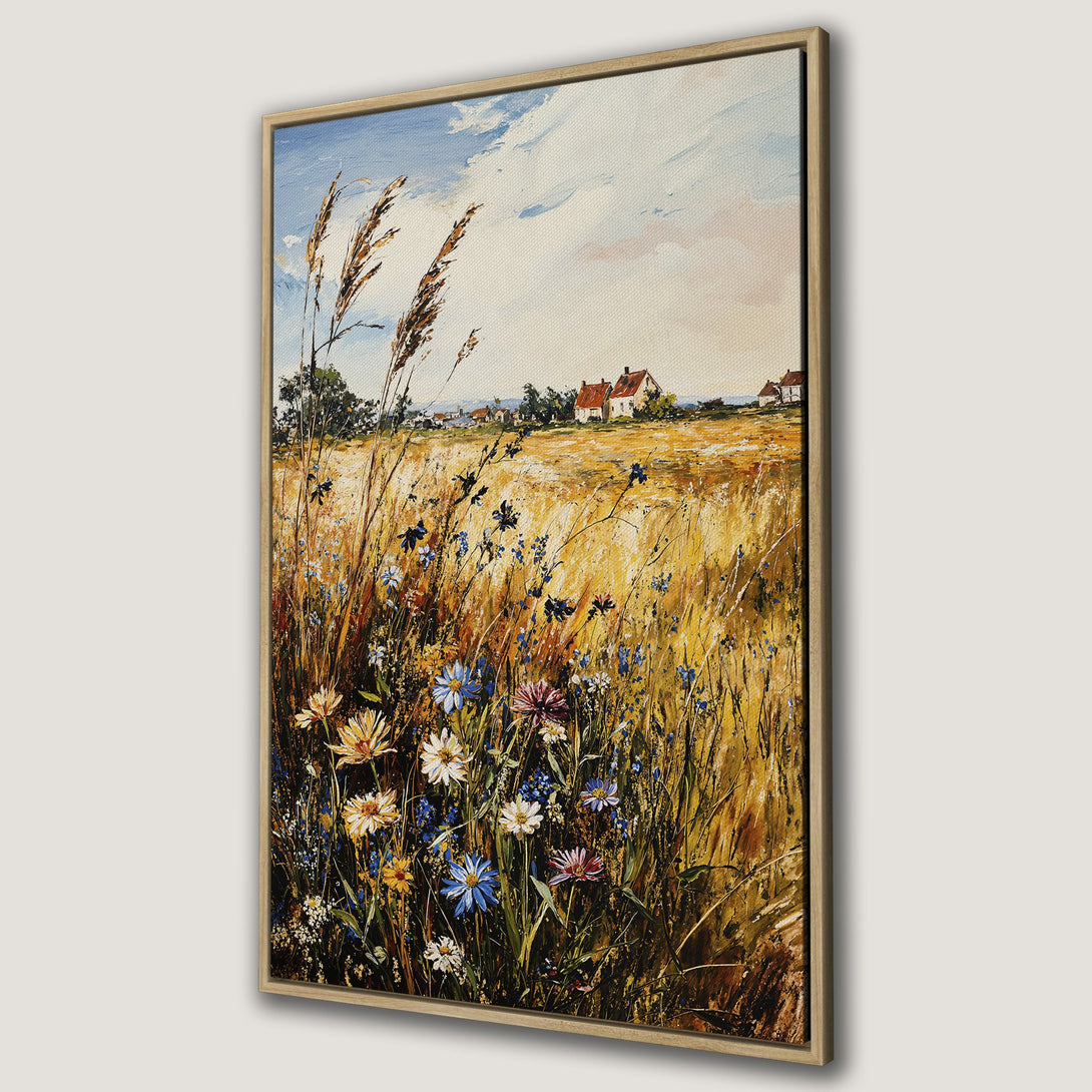 Framed Wall Art featuring a vibrant field of wildflowers in a warm, impressionistic style. Earthy tones with pops of blue and white. Perfect for adding a touch of nature.