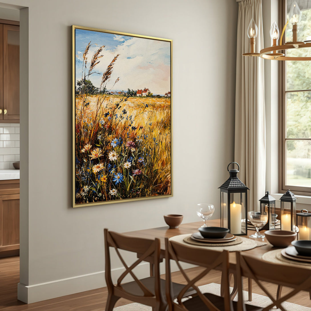 Canvas Print of a vibrant field landscape painting with warm yellow, blue, and green hues. Rustic style, perfect for home decor.