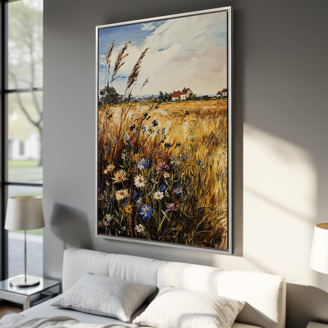 Framed Wall Art: Impressionist field painting with wildflowers in warm, earthy tones. Perfect for adding a touch of nature to your home decor.