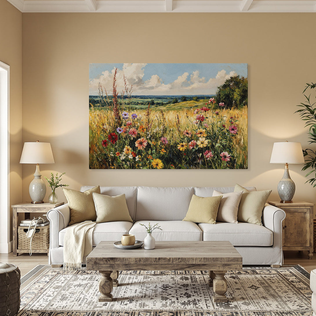 Framed Wall Art: Impressionist landscape Canvas Print with wildflowers, vibrant colors, and gold frame, perfect for dining room decor.