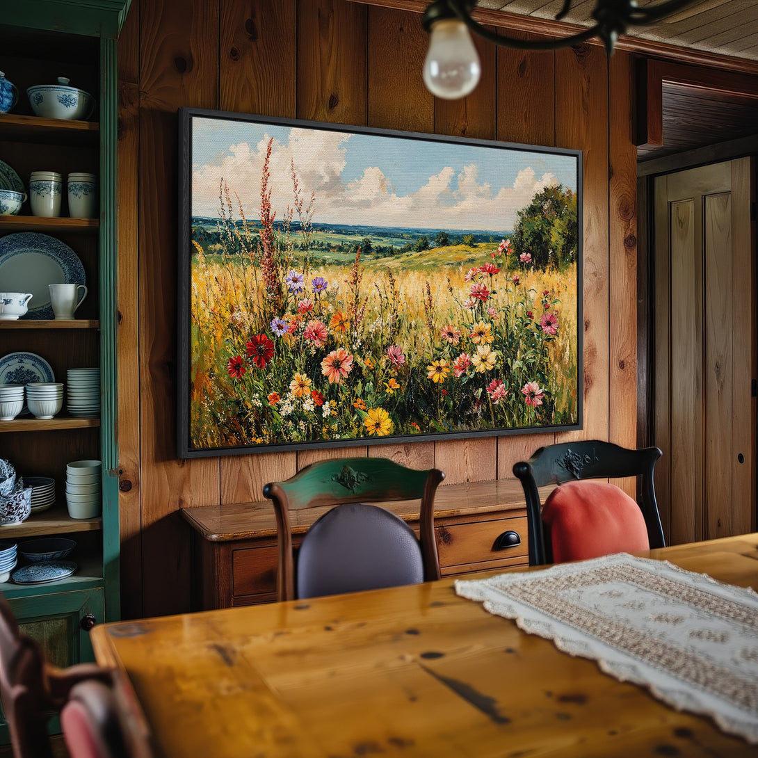 Framed Wall Art: Vibrant floral meadow Canvas Print. Rustic style with warm yellow, green, and blue hues. Perfect for adding a touch of nature to your home decor.