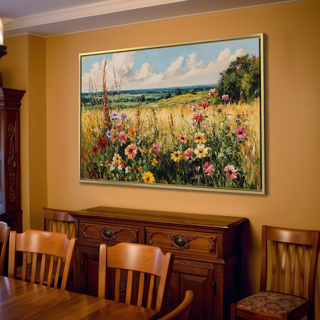 Canvas Print of a vibrant wildflower field painting. Warm, inviting colors bring a touch of nature to any room. Perfect for living room decor.