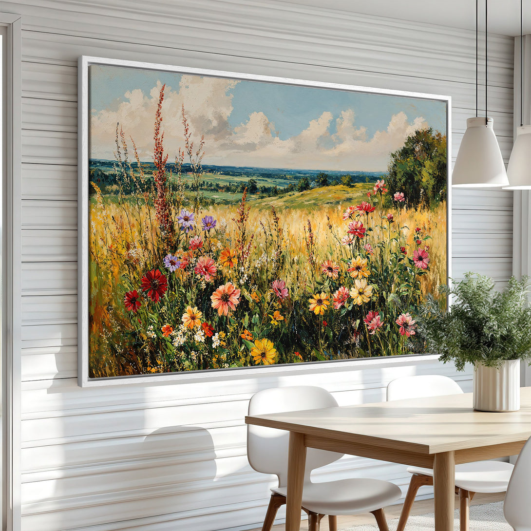 Framed Wall Art: Impressionist landscape painting of wildflowers in a field. Warm, vibrant colors with a blue sky. Perfect for adding art to your home.