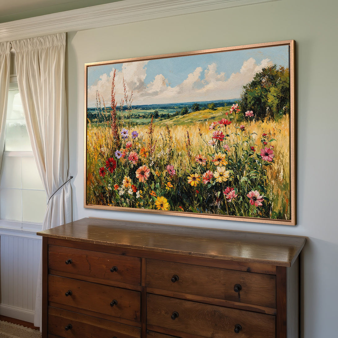 Framed Wall Art: Impressionistic wildflower field canvas print with warm, earthy tones. Perfect for adding a touch of nature to your home decor.