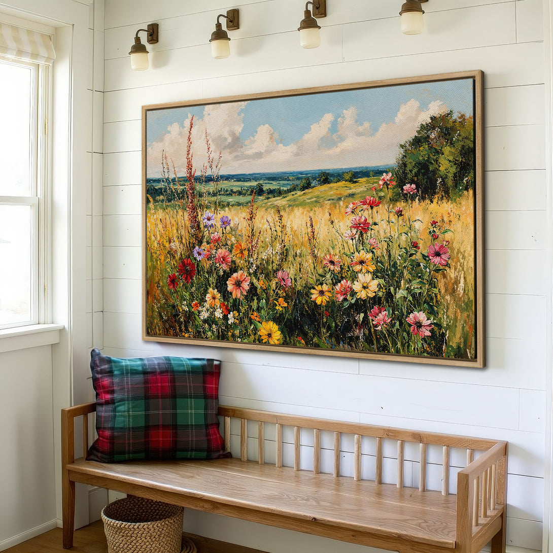 Framed Wall Art: Vibrant field of wildflowers in a rustic interior. Warm, colorful palette with blues, yellows, and pinks. Adds a touch of nature to your home.