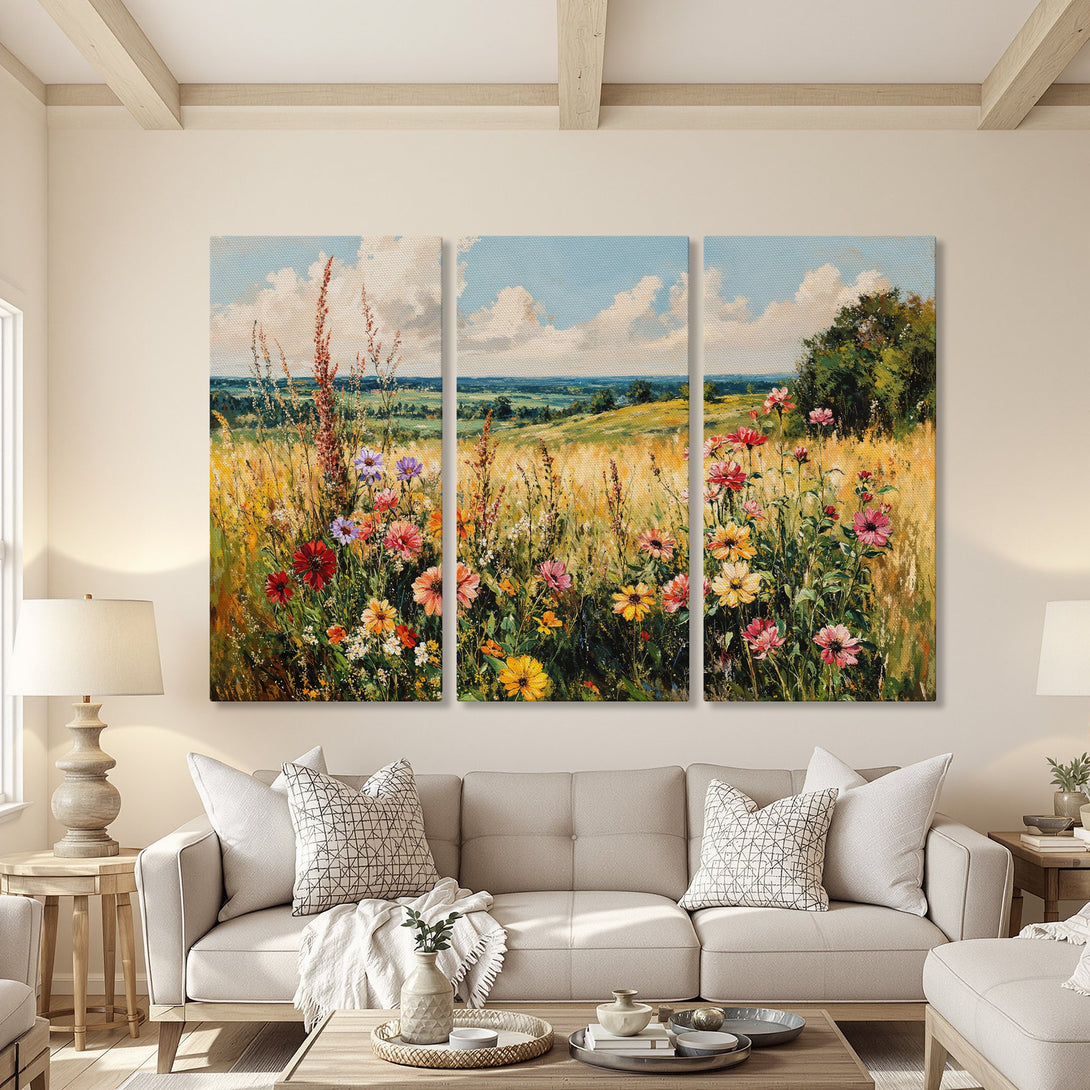Canvas Print of a vibrant wildflower field painting. Impressionistic style with a warm, inviting color palette of yellows, blues, and greens. Perfect wall art for your home!